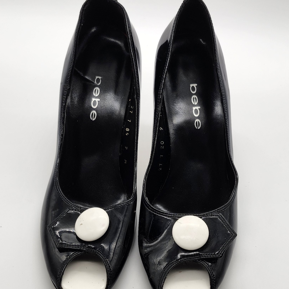 Bebe Black and White Peep Toe Heels